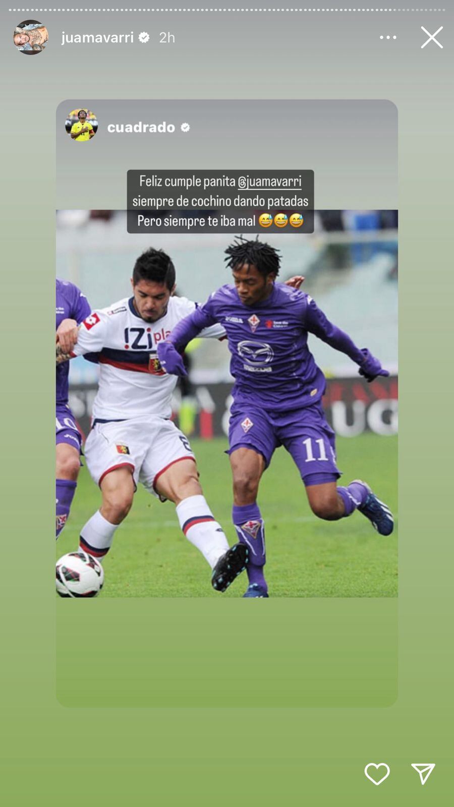 Il messaggio di compleanno di Juan Cuadrado a Juan Manuel Vargas si riferisce al suo gioco.  -Instagram: Juanmavari