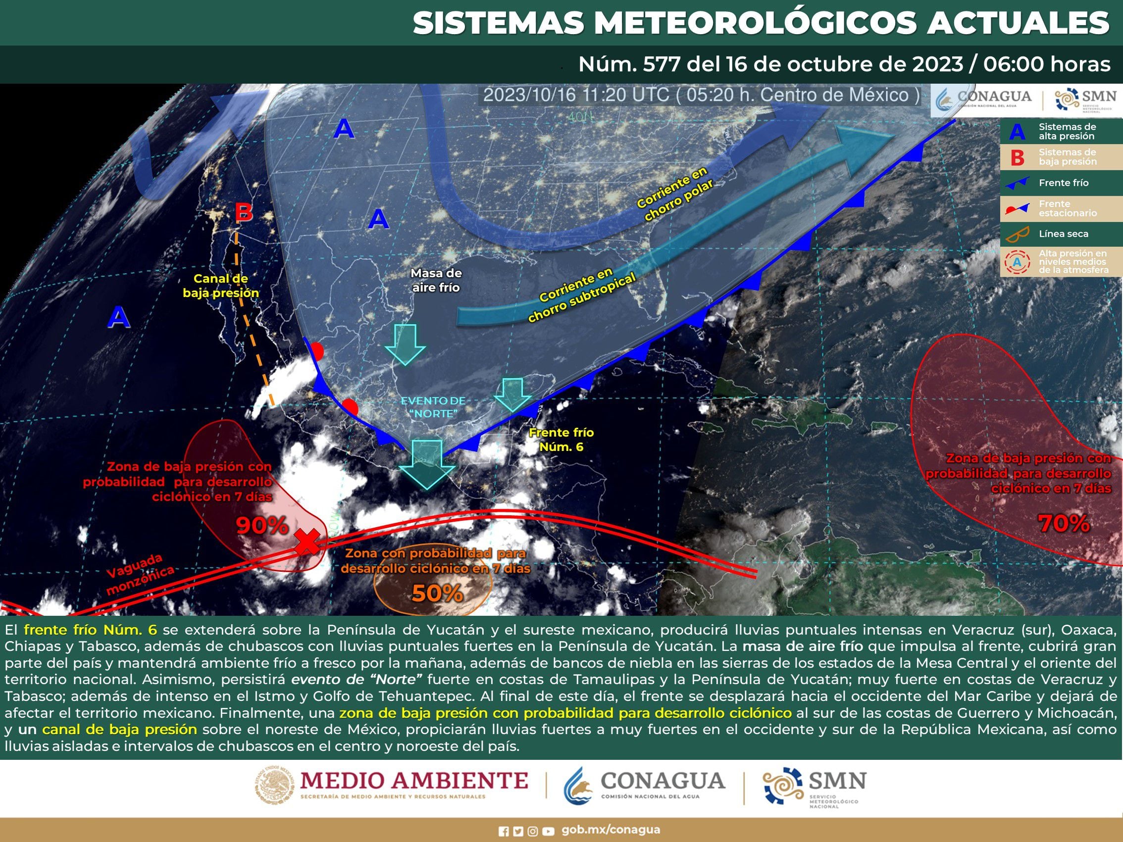 Estos son los sistemas meteorológicos que actualmente afectan a México. Foto: SMN