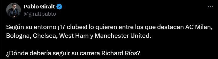 Richard Ríos tiene 17 equipos entre sus pretendientes, uno de ellos es el Chelsea de Inglaterra - crédito @giraltpablo/X