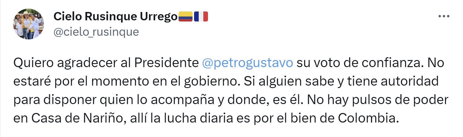 Cielo Rusinque confirma que no hará parte más del Gobierno de Guystavo Petro