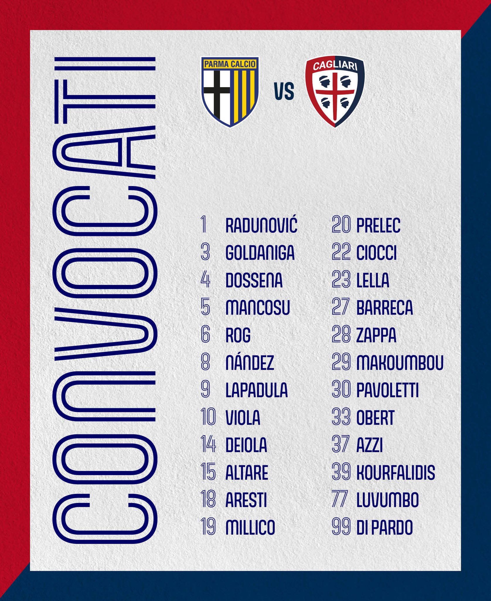 Convocados de Cagliari para enfrentar a Parma por la semifinal vuelta de Serie B.