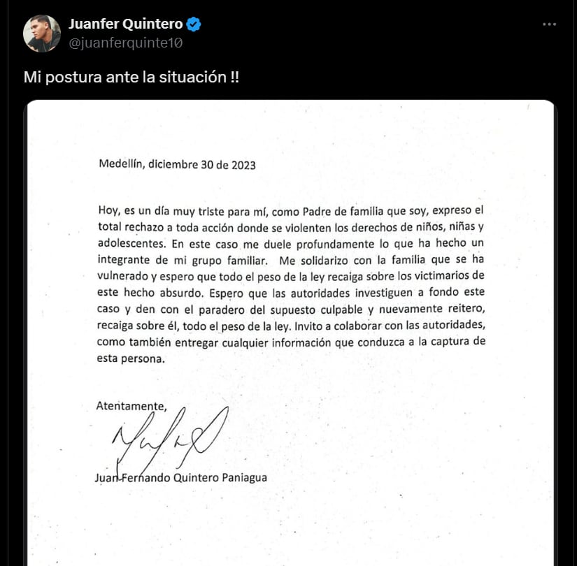 El jugador dio a conocer su postura tras la acusación de abuso sexual sobre su tío - crédito @juanferquinte10/X