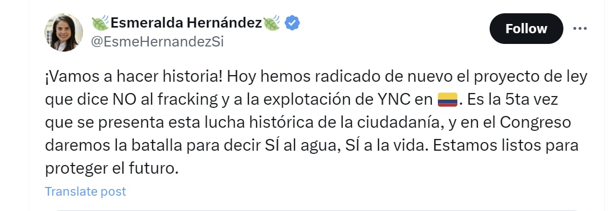 La senadora Esmeralda Hernández celebró la radicación de proyecto de ley para prohibir el fracking en Colombia - crédito @EsmeHernandezSi/X