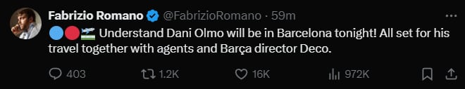 Tweet de Fabrizio Romano. (@FabrizioRomano/X)