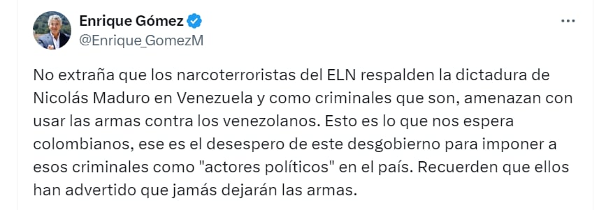 Enrique Gómez, de Salvación Nacional, se pronuncia sobre falso comunicado del ELN - crédito @Enrique_GomezM/X