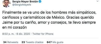 A través de un mensaje publicado en su cuenta de Twitter, Sergio Mayer denunció la muerte de su suegro (Foto: Twitter)