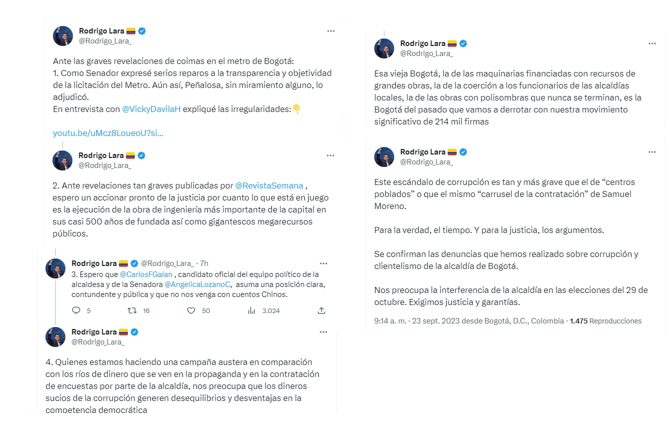 Rodrigo Lara comparó el escándalo con el Centros Poblados y el Carrusel de la contratación y pidió garantías para las elecciones de octubre de 2023 - crédito @Rodrigo_Lara_/X