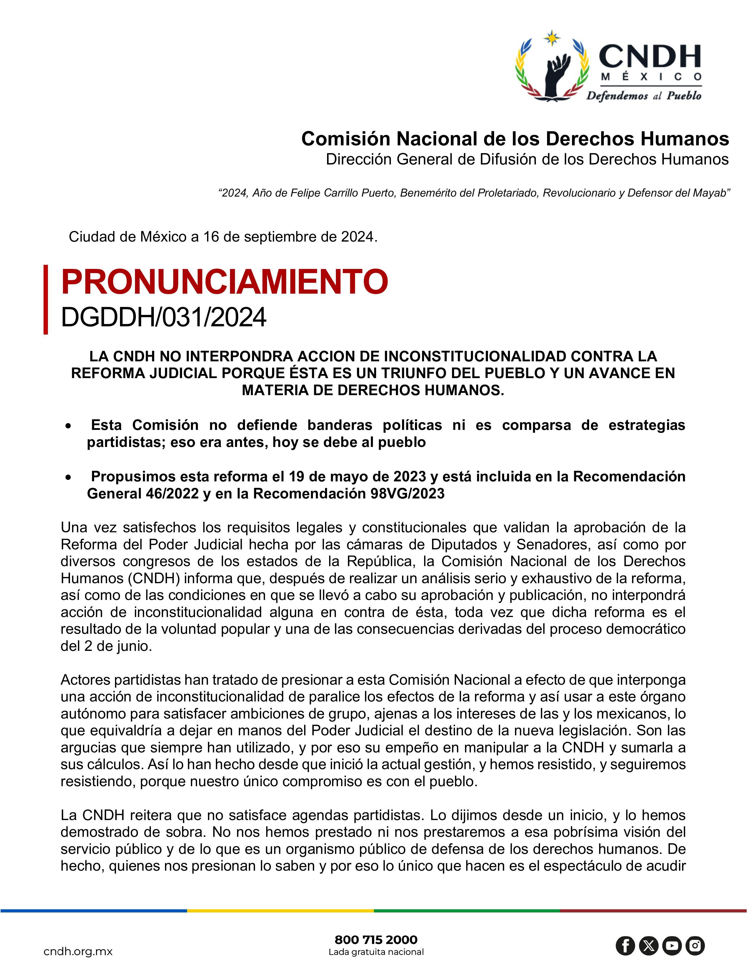 La Comisión Nacional de Derechos Humanos niega que presentará acción de inconstitucionalidad en contra de la reforma al Poder Judicial