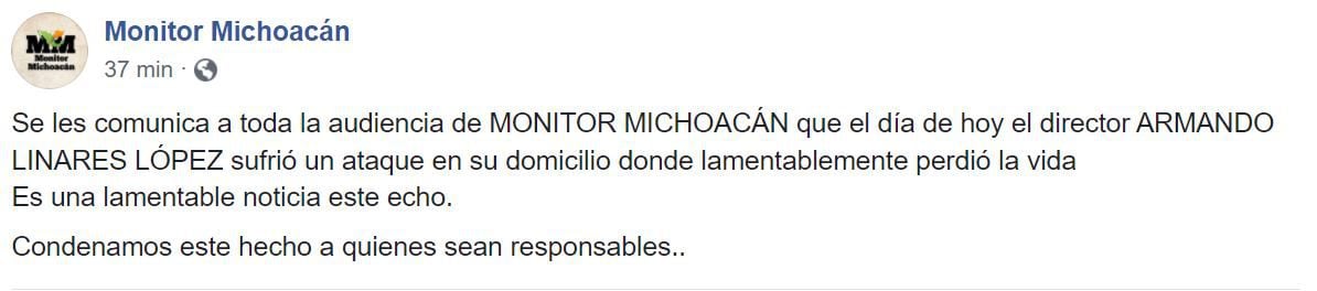 Linares López fungía como el director del medio local (Foto: Facebook/Monitor Michoacán)