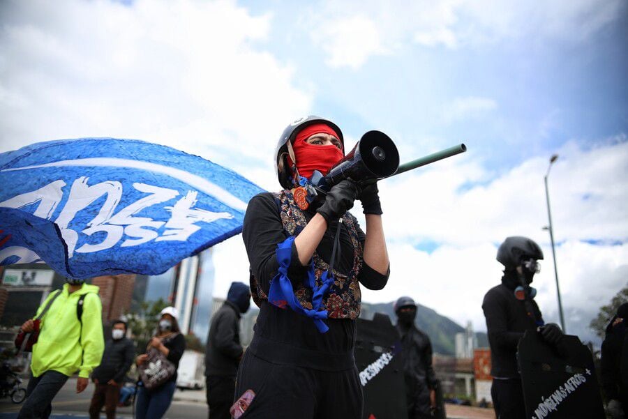 Bogota. August 21, 2020. Protesters hold a sit-in at the Bogotá Historical Memory Center where they repudiate the past acts of violence that have occurred in different regions of the country during the month of August. (Colprensa-Sergio Acero)