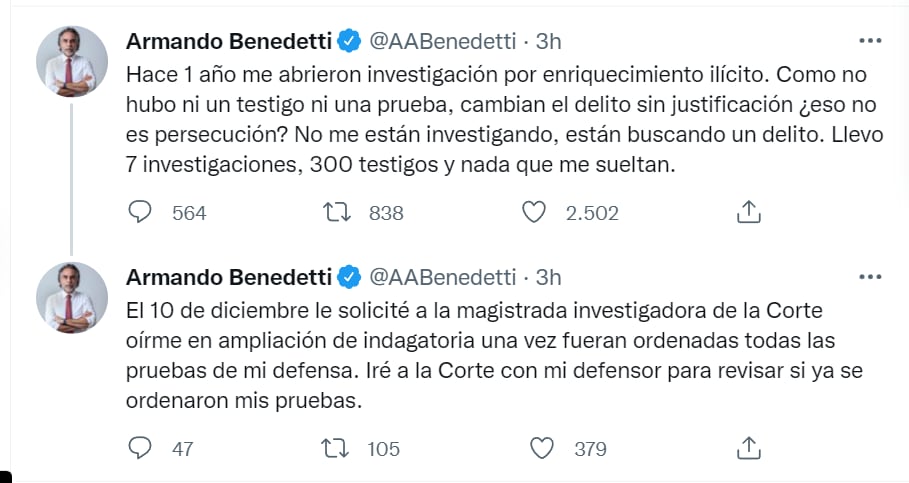 Armando Benedetti reage à intimação do Supremo Tribunal