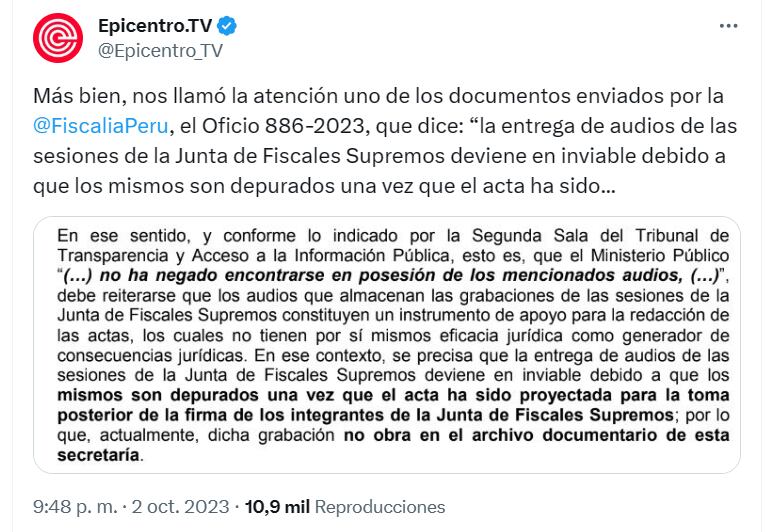 Fiscalía envió un oficio a Epicentro TV en el que señala que entrega de audios de JFS es "inviable". Foto: captura de Twitter