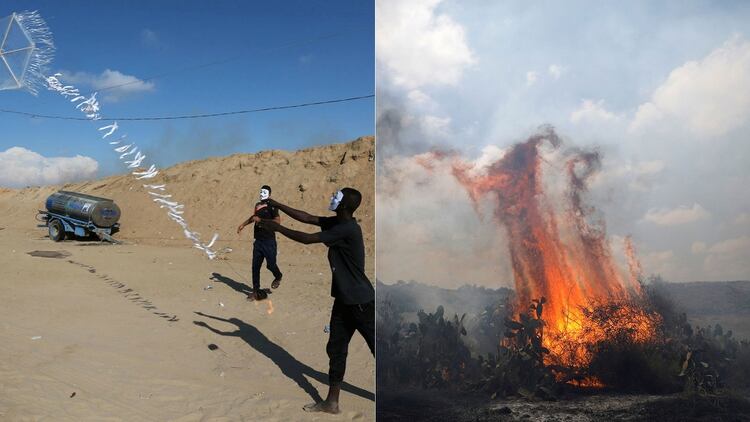 Manifestantes palestinos suelen lanzar cometas incendiarias hacia suelo israelí