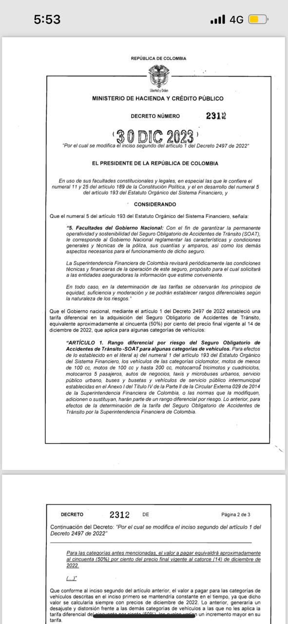 Decreto del Ministerio de Hacienda sobre tarifas del Soat