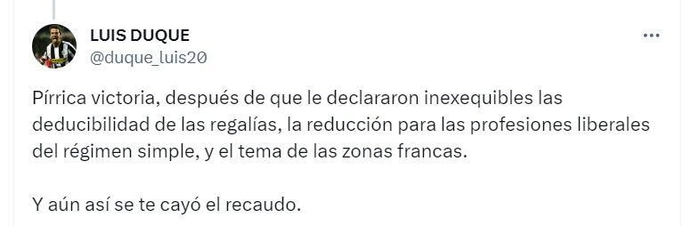 Reacción del usuario Luis Duque sobre la decisión de la Corte Constitucional que establece cárcel para evasores - crédito @Duque_Luis20/X