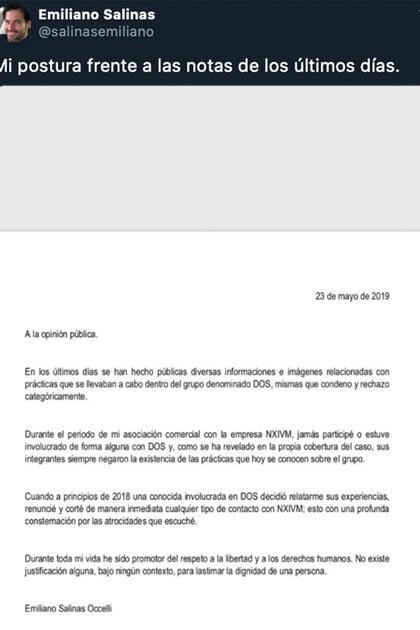 Durante el juicio de 2019, Emiliano Salinas emitió un comunicado para negar su participación y eso es todo lo que ha dicho al respecto: (Foto: Twitter @ salinasemiliano)