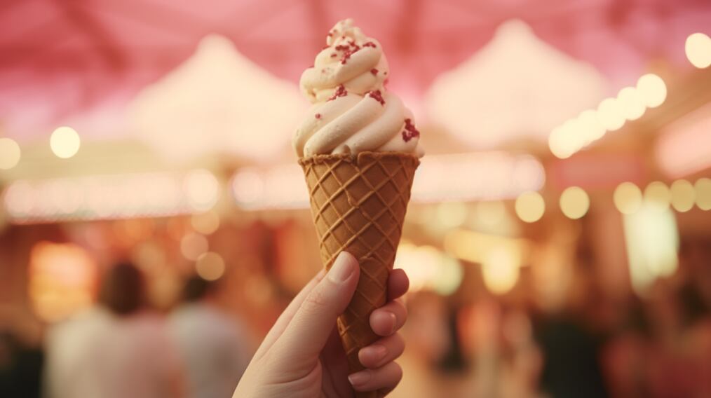 Cono de helado de chocolate, frutilla y vainilla rociado con chispas de colores en un día de feria con tonalidad pastel. (Imagen ilustrativa Infobae)