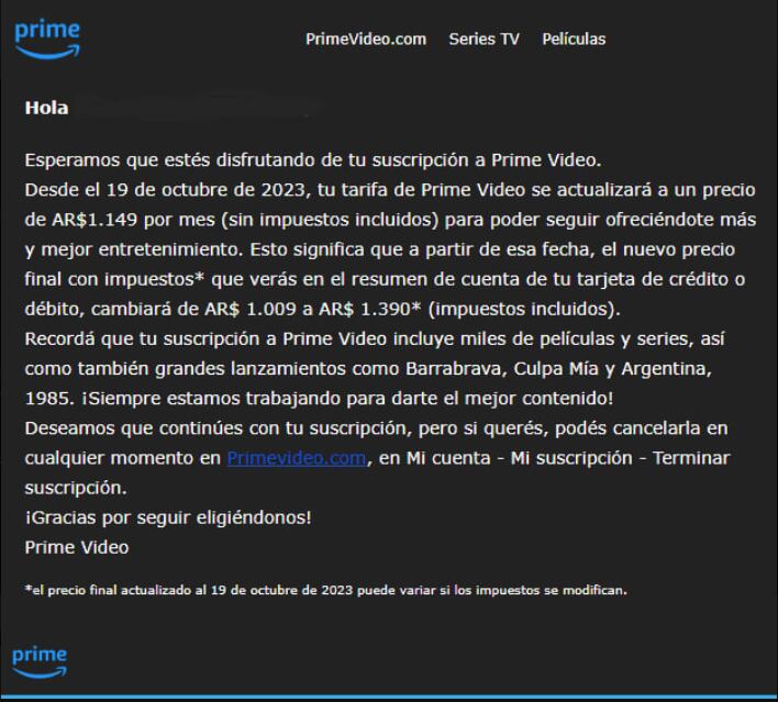 La comunicación de Amazon Prime para sus clientes