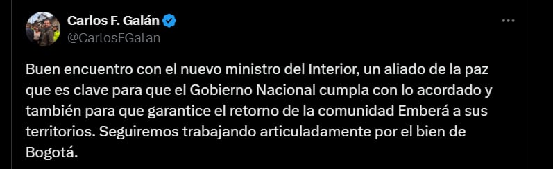 Carlos Fernando Galán sobre la reunión con el ministro del Interior, Juan Fernando Cristo - crédito @CarlosFGalan/X