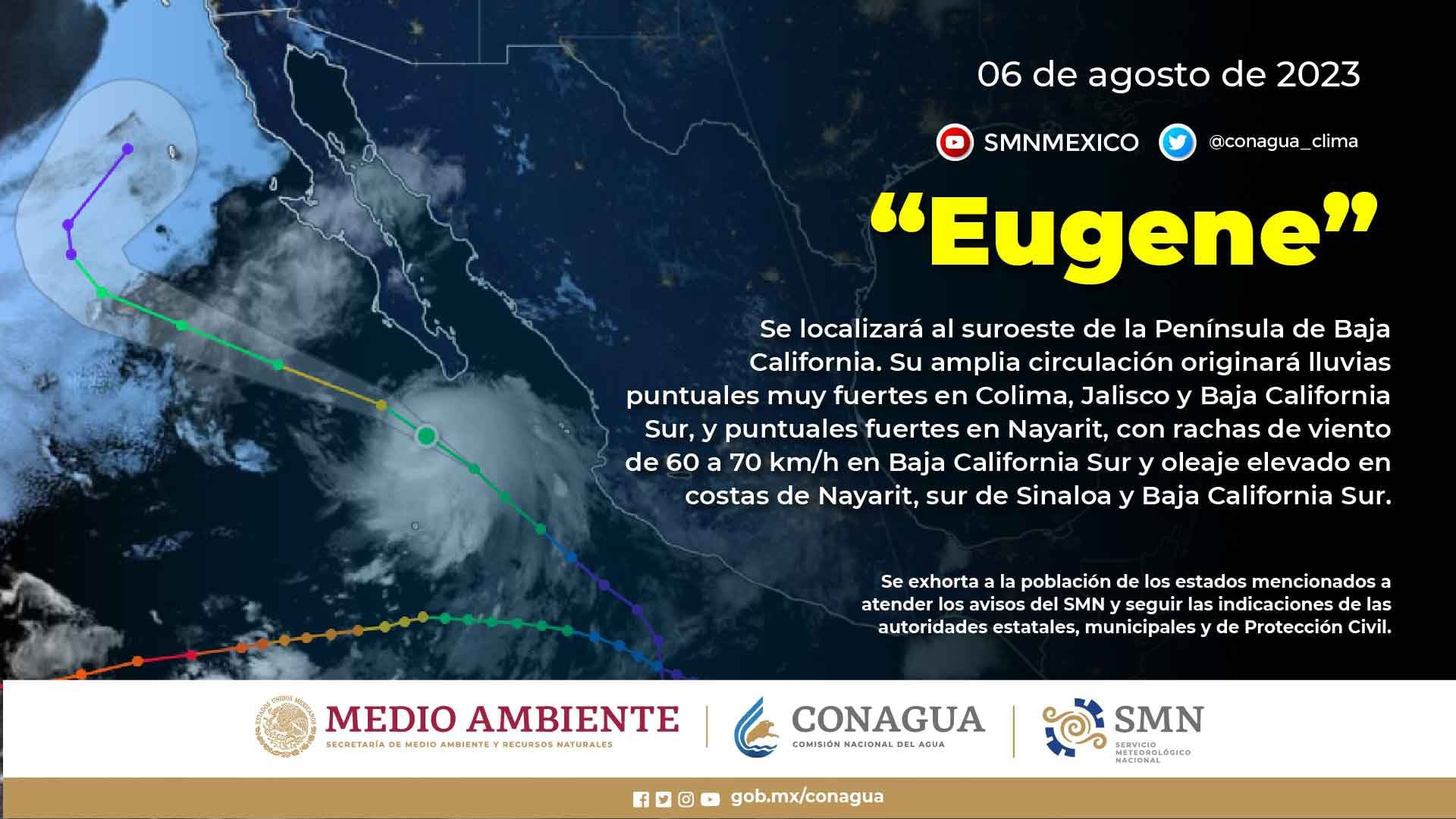 De acuerdo con los pronósticos, la trayectoria de Eugene se mantendrá cerca de las costas de Baja California. FOTO: Conagua 