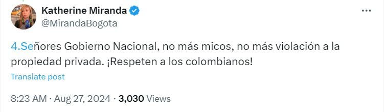La congresista pidió al Gobierno que se elimine el artículo que permitirá la expropiación express - crédito @MirandaBogota/X