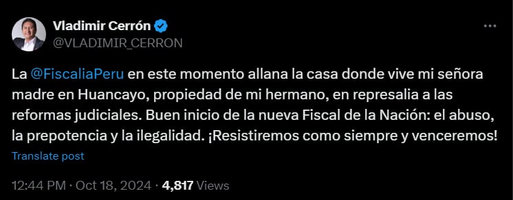 Vladimir Cerrón denuncia allanamiento a casa de su madre por parte de la Fiscalía. (Foto: X/@VLADIMIR_CERRON)