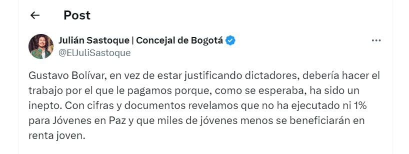 Julián Sastoque habla de la gestión del director del DPS, Gustavo Bolívar en su cuenta de X - crédito @ElJuliSastoque