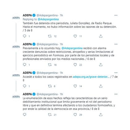 Captura de Twitter de parte del comunicado de ADEPA