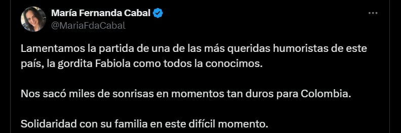 Maria Fernanda Cabal reaccionó a la muerte de la 'Gorda Fabiola' - crédito @MariaFdaCabal/X