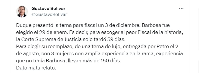 Gustavo Bolívar criticó la demora de la Corte Suprema de Justicia en elección de nuevo fiscal - crédito @GustavoBolivar/X