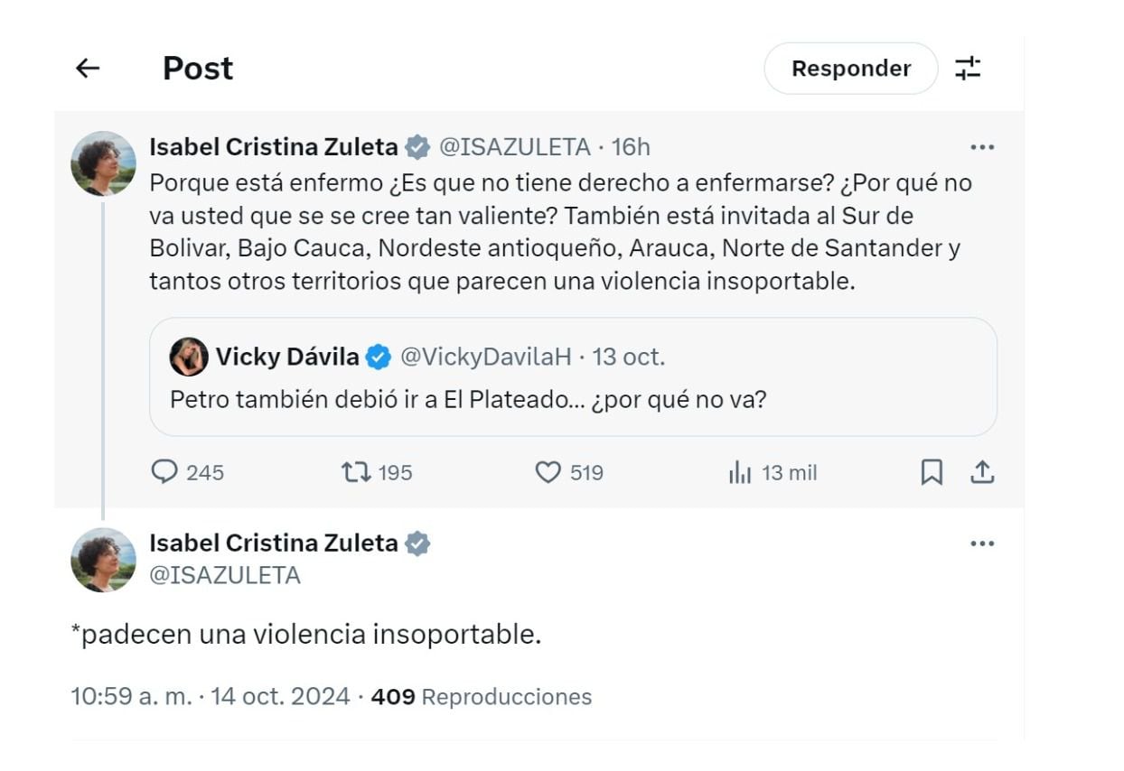 La senadora Isabel Zuleta respondió con dureza a los señalamientos contra el presidente Gustavo Petro, por su inasistencia al sector de El Plateado - crédito @ISAZULETA/X