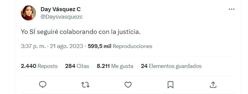 Justo después de que se conoció en las redes sociales de la visita del presidente Gustavo Petro a su hijo, Nicolás, Daysuris Vásquez se pronunció en su cuenta de X (Twitter) con este enigmático mensaje.