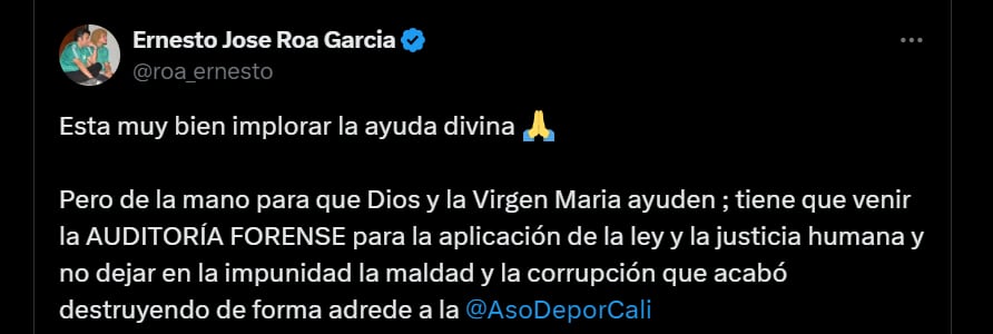 El socio del Deportivo Cali Ernesto Jose Roa Garcia se refirió a la importancia de la auditoria forense para conocer la realidad del equipo - crédito @roa_ernesto/X