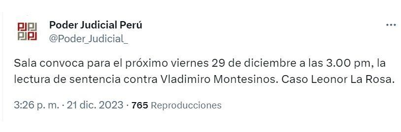 Poder Judicial convoca a audiencia para lectura de sentencia de Vladimiro Montesinos por caso Leonor La Rosa.