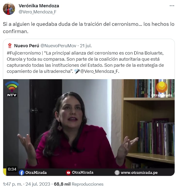 Verónika Mendoza utilizó sus redes sociales para afirmar la 'traición' del cerronismo.