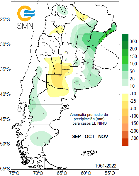 En color verde más oscuro, se visualizan los lugares del país en los que puede llover más durante septiembre, octubre y noviembre/SMN