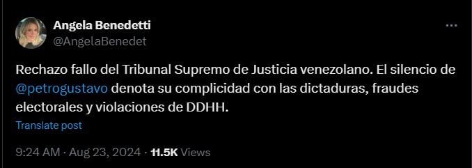 Ángela Benedetti rechazó decisión del TSJ en Venezuela y criticó a Petro por no pronunciarse - crédito @AngelaBenedet/X