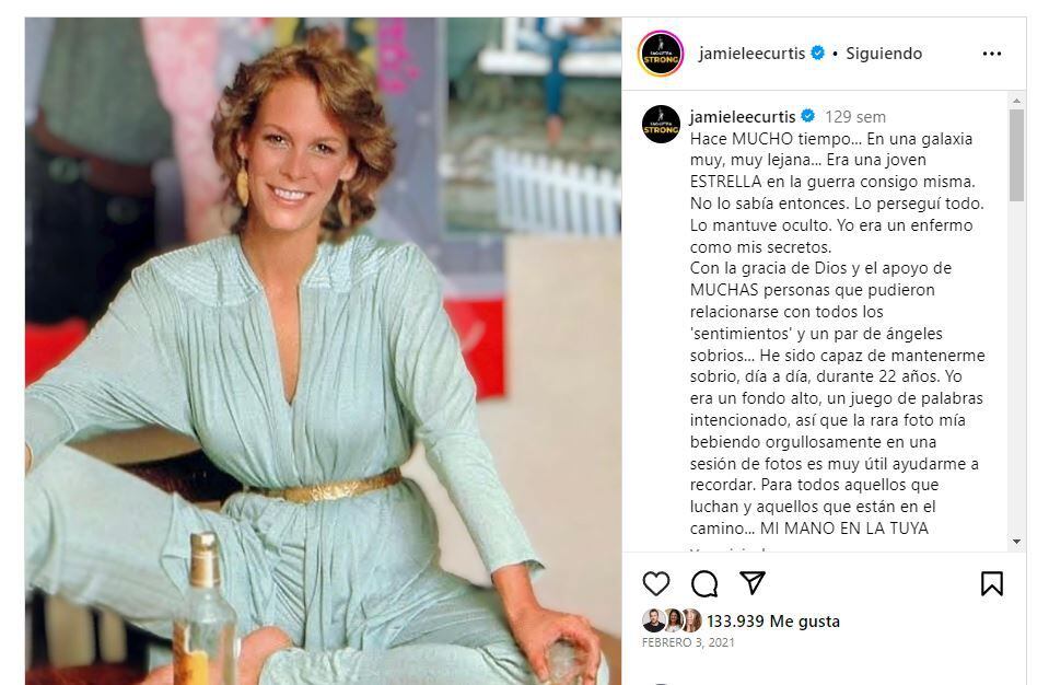 Jamie Lee Curtis reflexionó sobre la sobriedad en sus redes sociales.