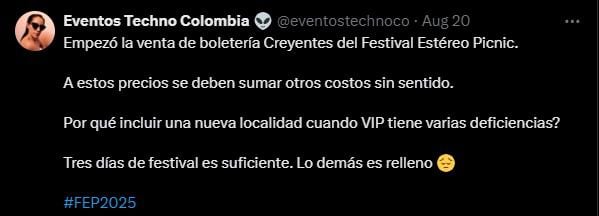 Algunos usuarios aseguran que los precios del festival son altos teniendo en cuenta los artistas invitados - crédito @eventostechnoco /x