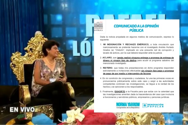 Comunicado de la congresista de Renovación Popular donde pide a la Fiscalía celeridad en las investigaciones.