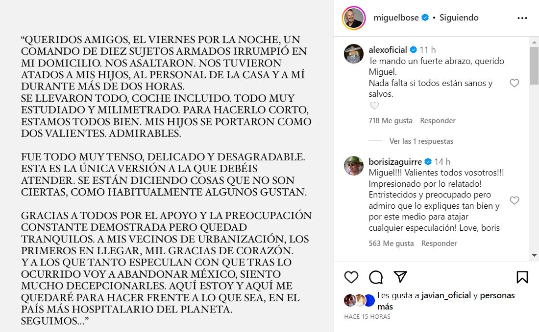 Miguel Bosé ha compartido en sus redes sociales un comunicado en el que ha confirmado el asalto que ha sufrido en su casa de México. (instagram.com/miguelbose)