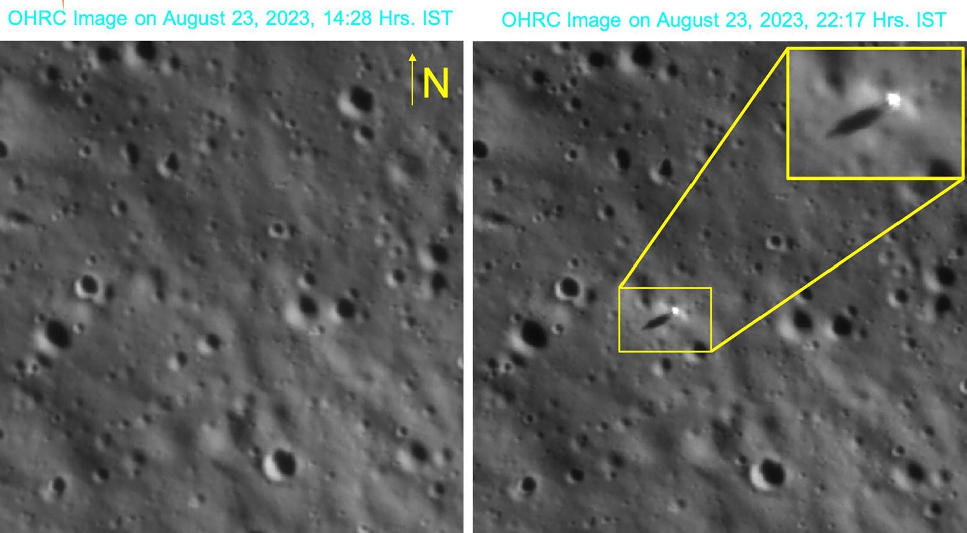 La agencia espacial india compartió fotografías del lugar sobre el que se posó Chandrayaan-3