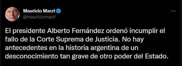 Mauricio Macri se pronunció en redes sociales contra Alberto Fernández por el fallo de la Corte Suprema