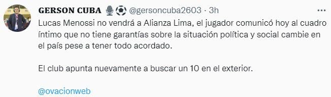 Lucas Menossi y su frustrado pase a Alianza Lima.