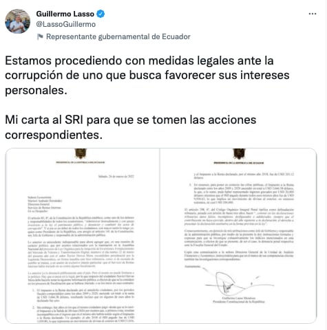 Guillermo Lasso asks to investigate former presidential candidate for tax evasion