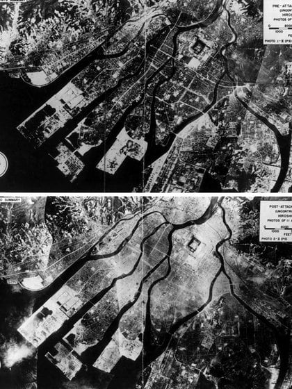 Fotografías aéreas de Hiroshima, Japón, tomadas en abril de 1945 antes del lanzamiento de la bomba atómica y, en agosto de 1945 después del bombardeo, muestran el alcance de la devastación en la ciudad (REUTERS/Archivos Nacionales EEUU) 