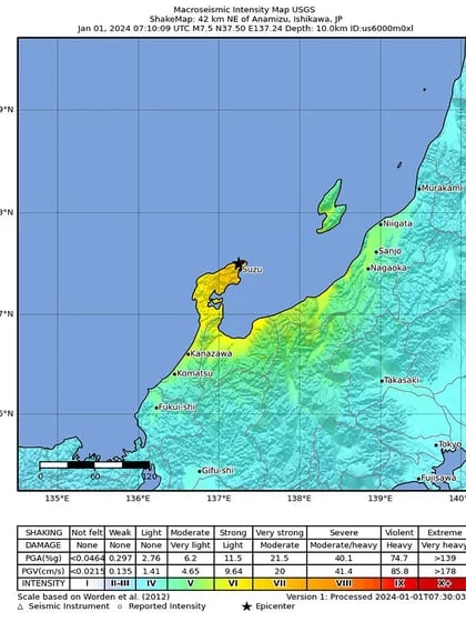 La región de Noto, en la prefectura de Ishikawa, fue la zona más afectada (EFE/EPA/USGS)
