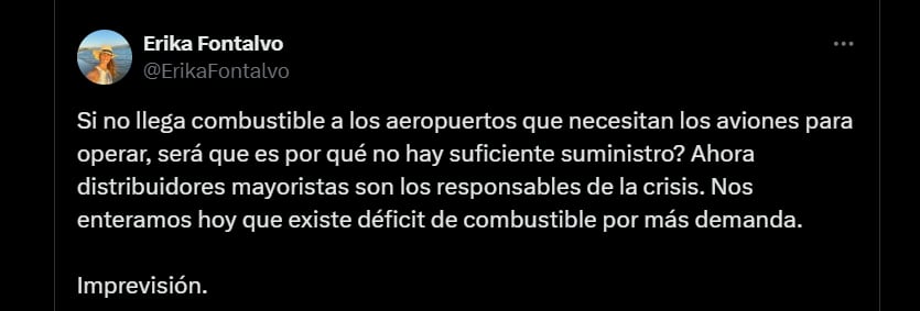 Erika Fontalvo aseguró que los distribuidores no son los culpables del desabastecimiento de combustible para aviones - crédito @ErikaFontalvo/X