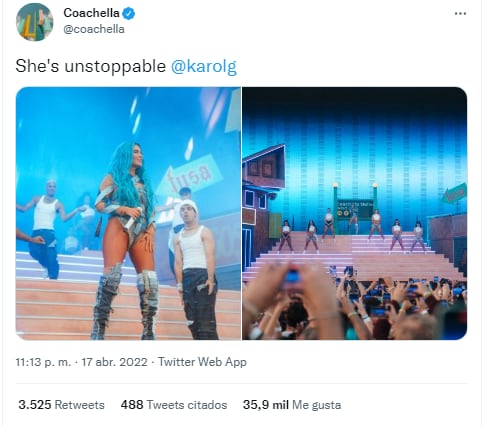 Mensaje de Coachella destacando la presentación de Karol G
FOTO: Vía Twitter (@coachella)