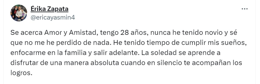 Erika Zapata señala que nunca ha tenido novio - @ericayasmin4/X